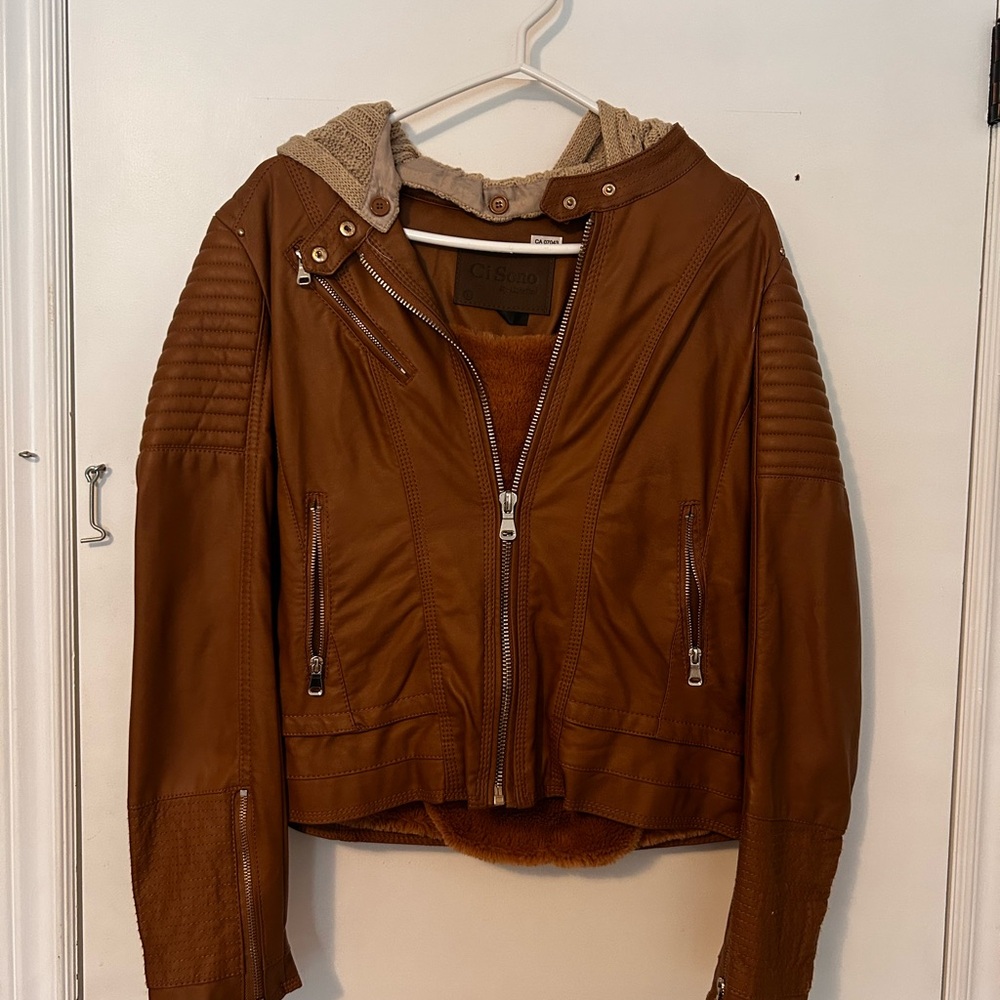 Ci Sono Tan Faux Leather Jacket with Hood